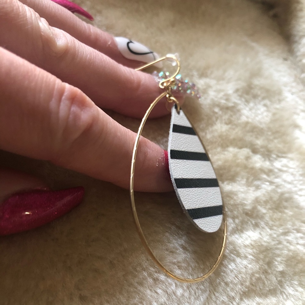 Gold With Striped Leather Statement Earrings - Picture 3 of 5